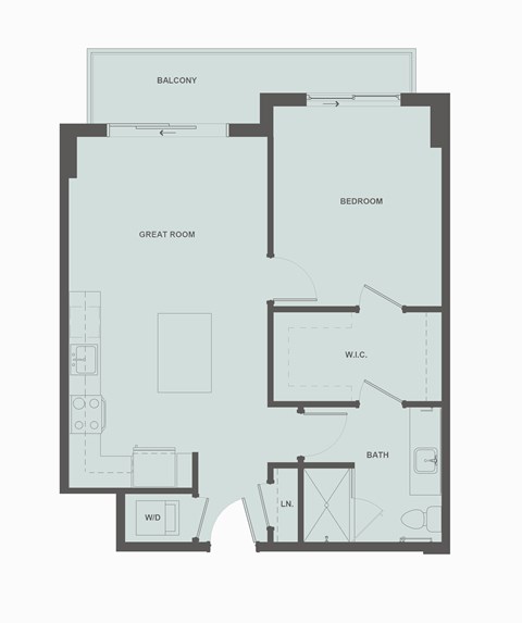 A floor plan of a house with a balcony, great room, bedroom, bath, and W.I.C.